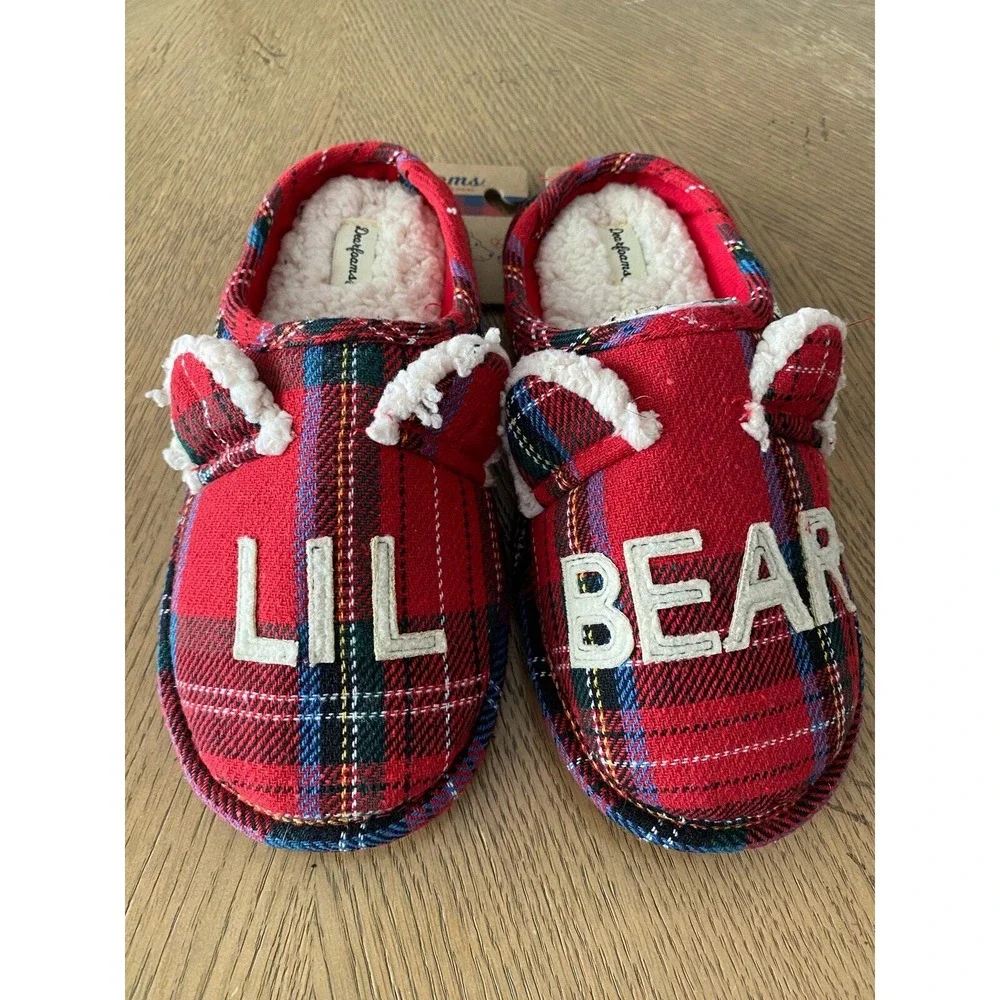 Dearfoams Lil Bear Red Plaid Memory Foam Slippers Limited Edition US 4-5 NWT‎